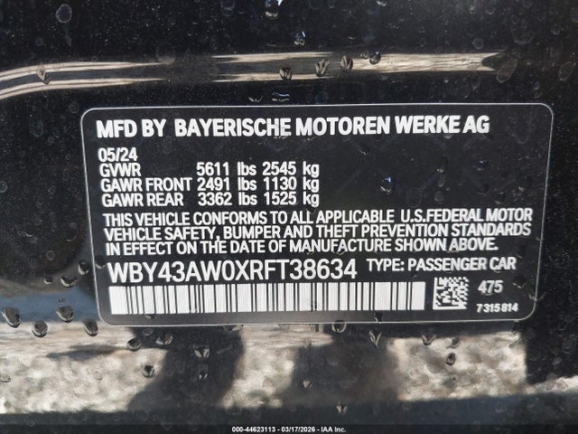 44623113 :رقم المزاد ، WBY43AW0XRFT38634 vin ، 2024 Bmw I4 Gran Coupe Edrive35 مزاد بيع