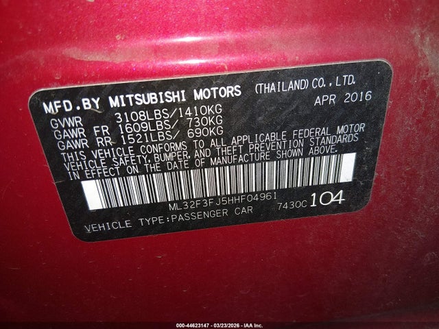Продаж на аукціоні авто 2017 Mitsubishi Mirage G4 Es, vin: ML32F3FJ5HHF04961, номер лоту: 44623147