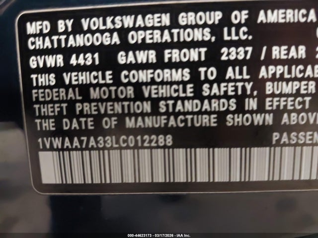 Продаж на аукціоні авто 2020 Volkswagen Passat 2.0t S, vin: 1VWAA7A33LC012288, номер лоту: 44623173