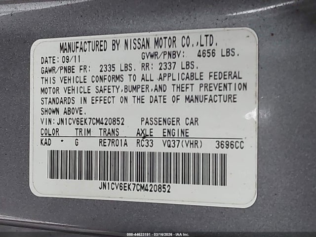 44623191 :رقم المزاد ، JN1CV6EK7CM420852 vin ، 2012 Infiniti G37 Ipl مزاد بيع