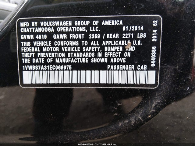 Aukcja sprzedaży 2014 Volkswagen Passat 1.8t Se, vin: 1VWBS7A31EC069075, numer aukcji: 44623206