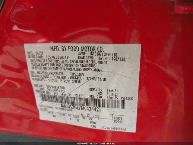 Продаж на аукціоні авто 2021 Ford Ecosport Se, vin: MAJ3S2GE7MC424421, номер лоту: 44623232