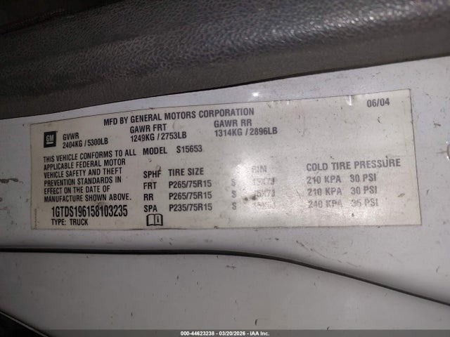 44623238 :رقم المزاد ، 1GTDS196158103235 vin ، 2005 Gmc Canyon Sle مزاد بيع