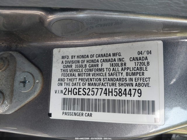 2004 HONDA CIVIC 2HGES25774H584479 Photo 8