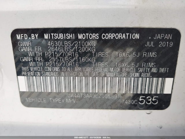 Продаж на аукціоні авто 2020 Mitsubishi Eclipse Cross Es 1.5t Awc, vin: JA4AT3AA9LZ005891, номер лоту: 44623277