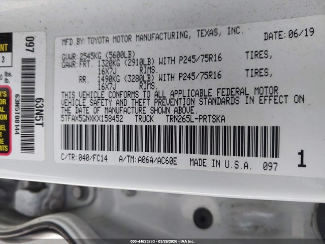5TFAX5GNXKX158452 Toyota Tacoma Sr5