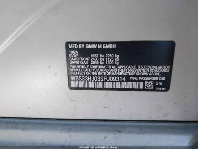 2025 Bmw M3 Competition Xdrive მანქანა იყიდება აუქციონზე, vin: WBS33HJ03SFU09314, აუქციონის ნომერი: 44623285