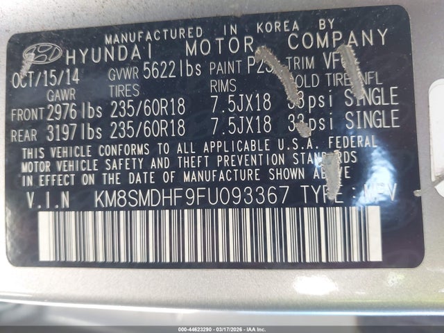 Hyundai Santa Fe Gls 2015 KM8SMDHF9FU093367 Image 9
