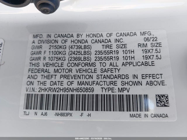 2HKRW2H95NH650859 Honda Cr-v Awd Touring