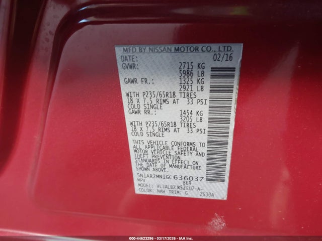 5N1AR2MN1GC636037 Nissan Pathfinder Platinum/s/sl/sv