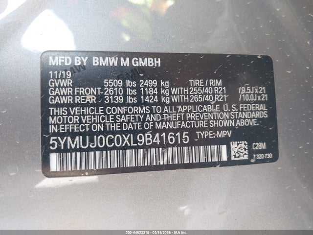44623315 :رقم المزاد ، 5YMUJ0C0XL9B41615 vin ، 2020 Bmw X4 M مزاد بيع