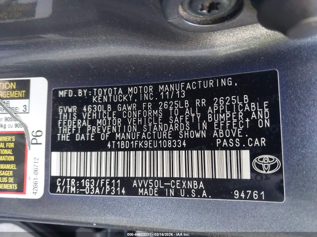 Toyota Camry Hybrid Le 2014 4T1BD1FK9EU108334 Image 9