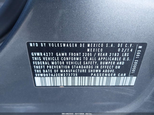 44623333 :رقم المزاد ، 3VWD07AJ2EM273735 vin ، 2014 Volkswagen Jetta 1.8t Se مزاد بيع