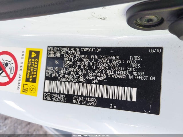 Aukcja sprzedaży 2010 Lexus Rx 450h, vin: JTJZB1BA9A2002989, numer aukcji: 44623336