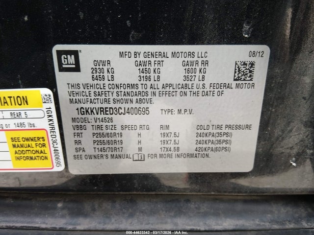 Aukcja sprzedaży 2012 Gmc Acadia Slt-1, vin: 1GKKVRED3CJ400695, numer aukcji: 44623342