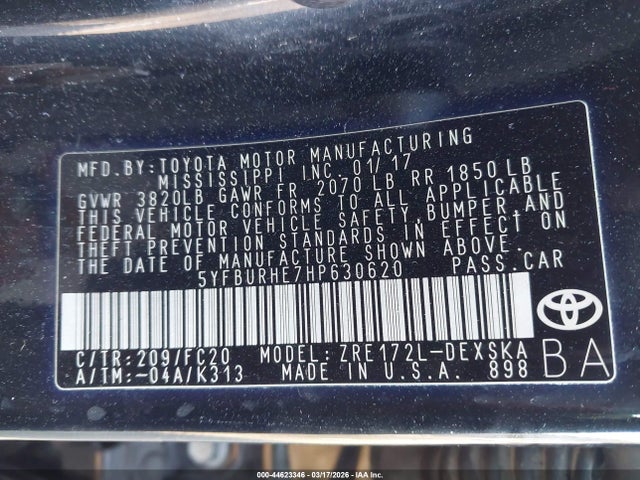 Toyota COROLLA SE 2017 5YFBURHE7HP630620 Image 9