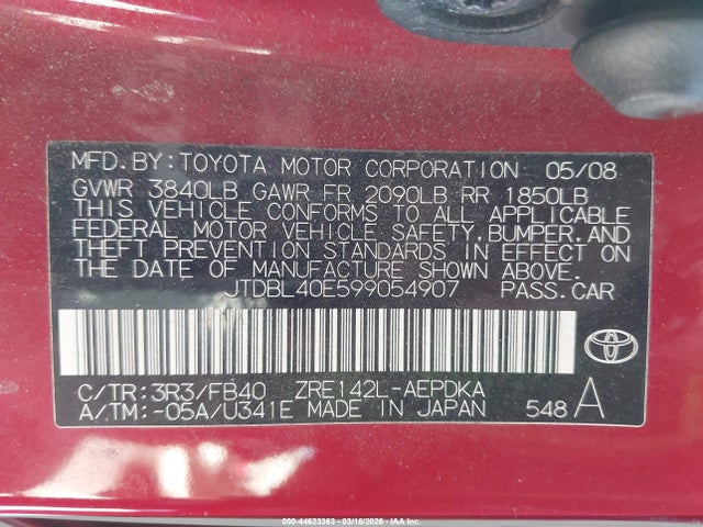 2009 Toyota Corolla მანქანა იყიდება აუქციონზე, vin: JTDBL40E599054907, აუქციონის ნომერი: 44623363