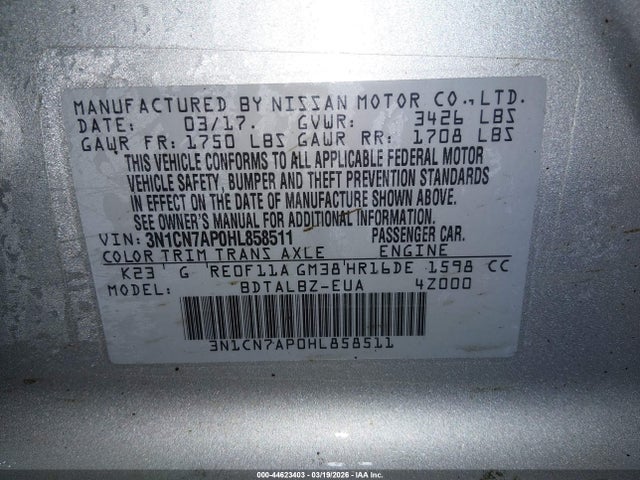 Продажа на аукционе авто 2017 Nissan Versa 1.6 Sv, vin: 3N1CN7AP0HL858511, номер лота: 44623403