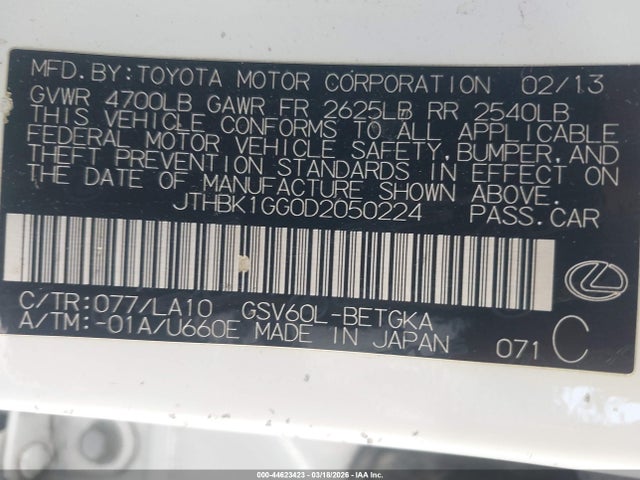 44623423 :رقم المزاد ، JTHBK1GG0D2050224 vin ، 2013 Lexus Es 350 مزاد بيع