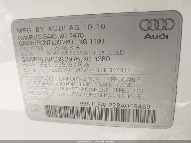 Aukcja sprzedaży 2011 Audi Q5 2.0t Premium, vin: WA1LFAFP2BA049469, numer aukcji: 44623447