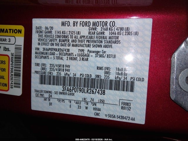 Ford FUSION SE 2020 3FA6P0T90LR267438 Image 9