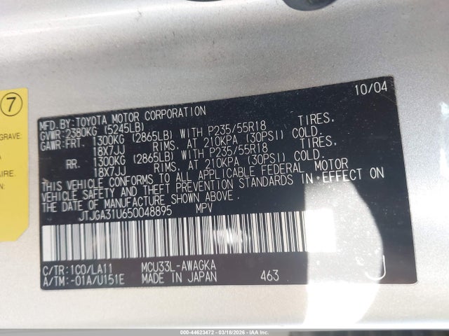 44623472 :رقم المزاد ، JTJGA31U650048895 vin ، 2005 Lexus Rx 330 مزاد بيع