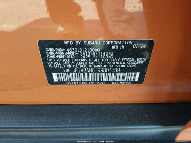 Продаж на аукціоні авто 2024 Subaru Wrx Premium, vin: JF1VBAH61R9801789, номер лоту: 44623510