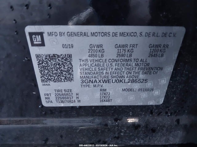 Продажа на аукционе авто 2019 Chevrolet Equinox Lt, vin: 3GNAXWEU0KL286525, номер лота: 44623512