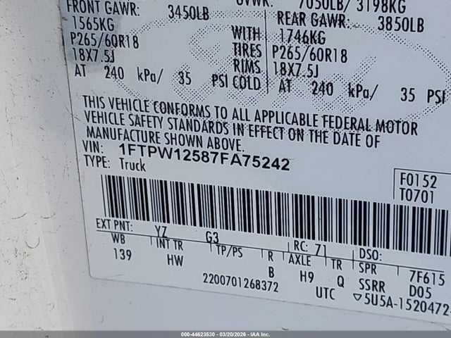 2007 FORD F-150 1FTPW12587Fa75242 Photo 8