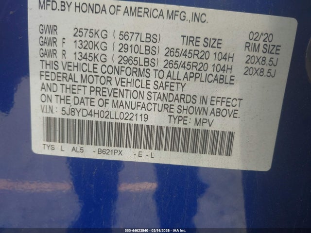 44623540 :رقم المزاد ، 5J8YD4H02LL022119 vin ، 2020 Acura Mdx Technology   A-spec Packages مزاد بيع