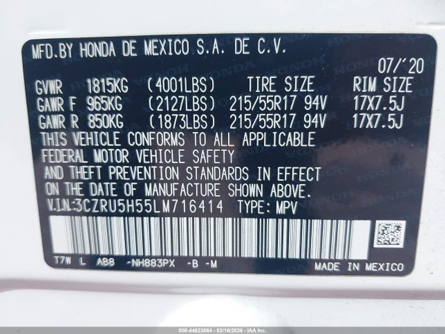 3CZRU5H55LM716414 Honda Hr-v 2wd Ex