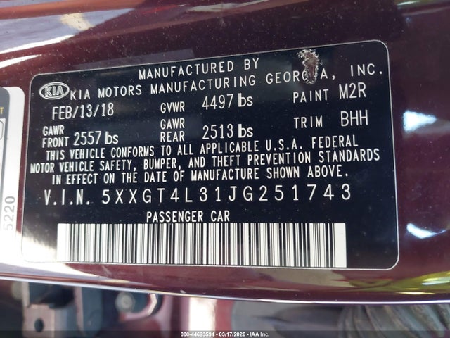 5XXGT4L31JG251743 KIA Optima Lx