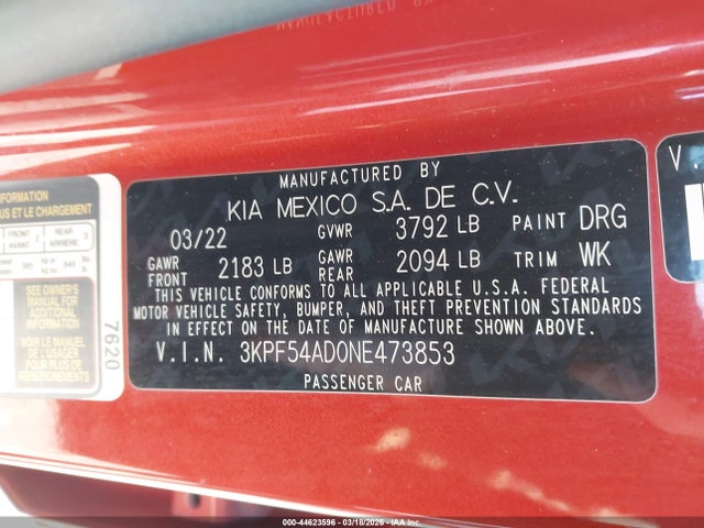 Aukcja sprzedaży 2022 Kia Forte Gt-line, vin: 3KPF54AD0NE473853, numer aukcji: 44623596