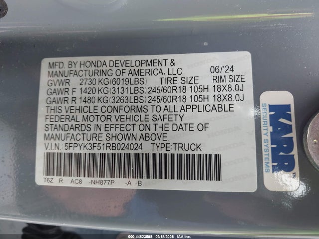 Honda Ridgeline Rtl 2024 5FPYK3F51RB024024 Image 9