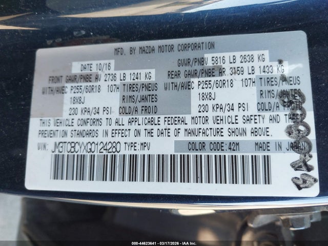 44623641 :رقم المزاد ، JM3TCBCYXG0124280 vin ، 2016 Mazda Cx-9 Touring مزاد بيع