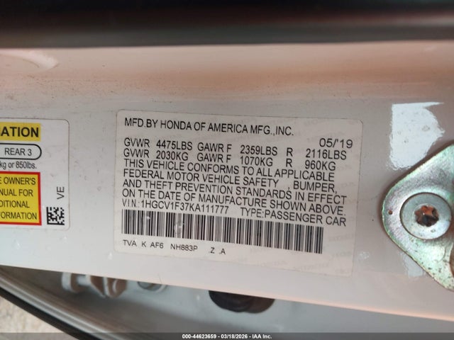 Продаж на аукціоні авто 2019 Honda Accord Sport, vin: 1HGCV1F37KA111777, номер лоту: 44623659