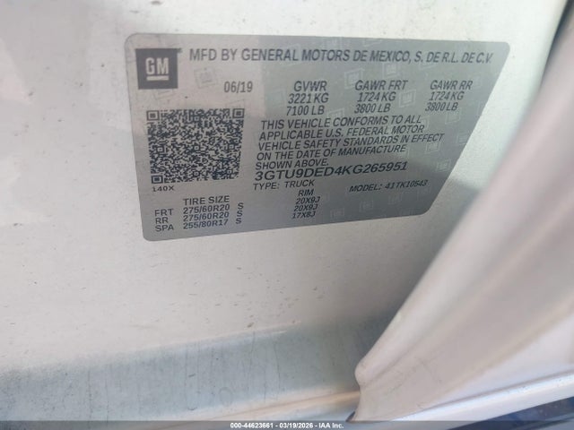 Продажа на аукционе авто 2019 Gmc Sierra 1500 Slt, vin: 3GTU9DED4KG265951, номер лота: 44623661