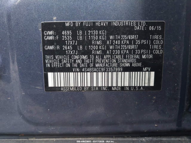 4S4BSACC9F3357999 Subaru Outback 2.5i Premium