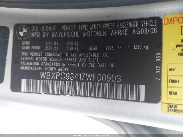 Aukcja sprzedaży 2007 Bmw X3 3.0si, vin: WBXPC93417WF00903, numer aukcji: 44623719