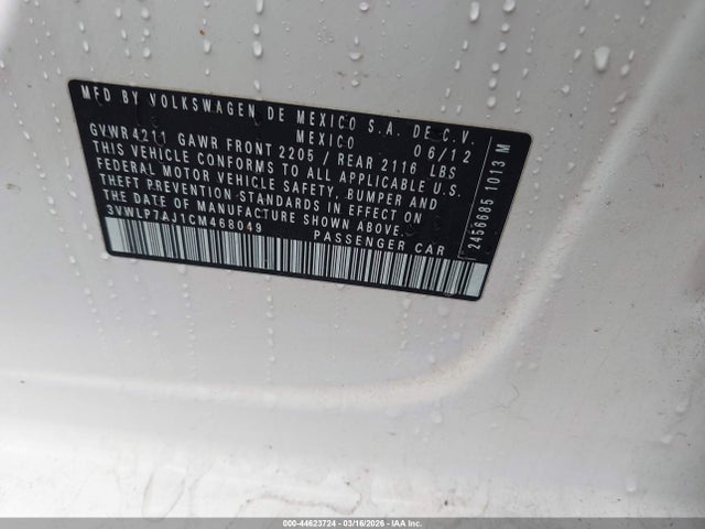 44623724 :رقم المزاد ، 3VWLP7AJ1CM468049 vin ، 2012 Volkswagen Jetta 2.5l Sel مزاد بيع