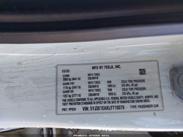 Aukcja sprzedaży 2020 Tesla Model 3 Standard Range Plus Rear-wheel Drive/standard Range Rear-wheel Drive, vin: 5YJ3E1EAXLF710079, numer aukcji: 44623731