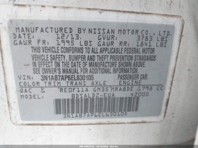 Aukcja sprzedaży 2014 Nissan Sentra Fe+ S/fe+ Sv/s/sl/sr/sv, vin: 3N1AB7AP6EL630105, numer aukcji: 44623742