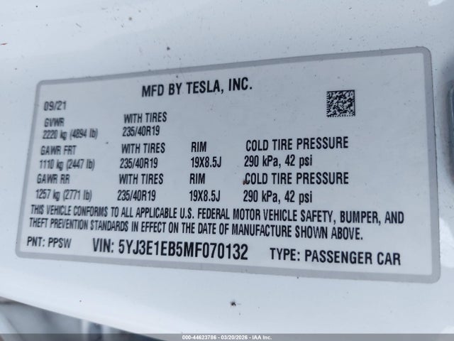 44623786 :رقم المزاد ، 5YJ3E1EB5MF070132 vin ، 2021 Tesla Model 3 Long Range Dual Motor All-wheel Drive مزاد بيع