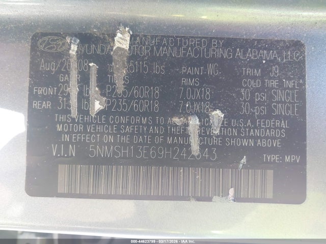 2009 HYUNDAI SANTA FE 5NMSH13E69H242643 Photo 8