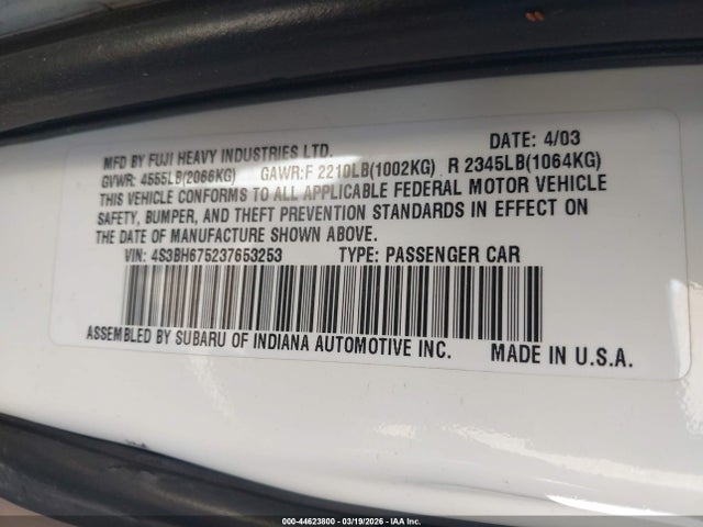 Продажа на аукционе авто 2003 Subaru Outback, vin: 4S3BH675237653253, номер лота: 44623800