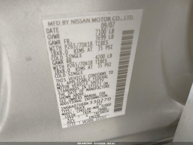 2008 NISSAN TITAN 1N6BA07D88N330270 Photo 8
