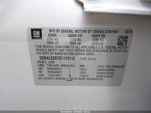 Aukcja sprzedaży 2016 Chevrolet Equinox Lt, vin: 2GNALCEK7G1170112, numer aukcji: 44623832