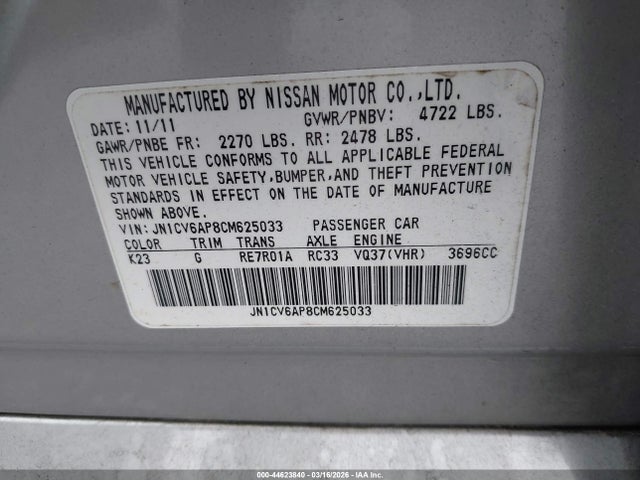 44623840 :رقم المزاد ، JN1CV6AP8CM625033 vin ، 2012 Infiniti G37 Journey مزاد بيع