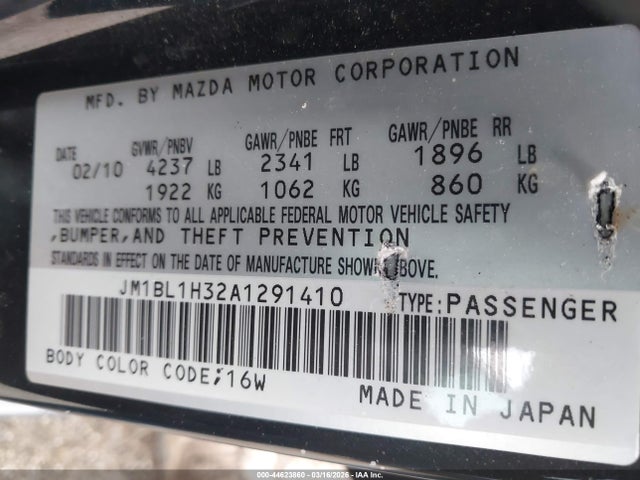 44623860 :رقم المزاد ، JM1BL1H32A1291410 vin ، 2010 Mazda Mazdaspeed3 Sport مزاد بيع