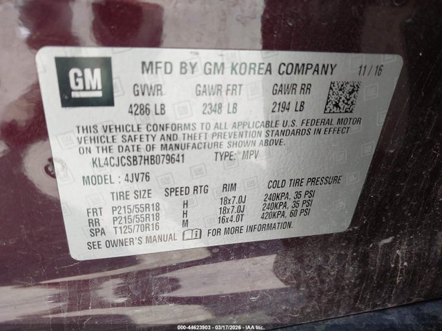 44623903 :رقم المزاد ، KL4CJCSB7HB079641 vin ، 2017 Buick Encore Essence مزاد بيع